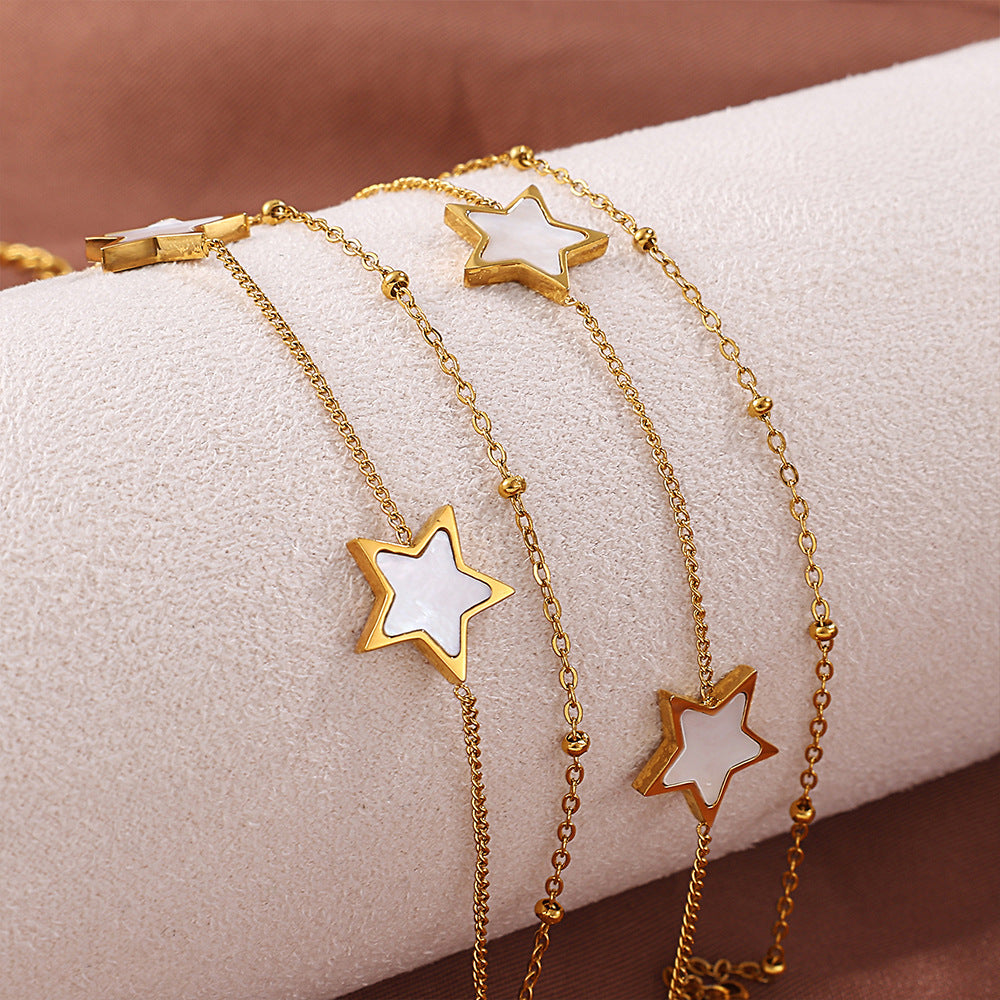 New European & American Style Sweet Double Layer Star Bracelet, 18K Gold Plated Stainless Steel, Minimalist Light Luxury Bracelet For Women