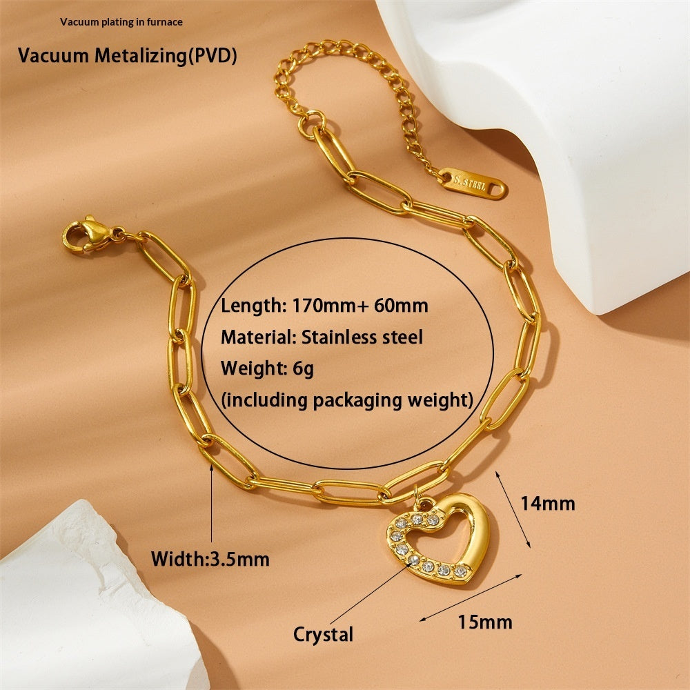 Titanium Steel Non-Fading Diamond-Encrusted Simple Heart-Shaped Bracelet For Women