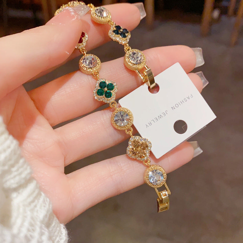 Personalized Fashionable Colorful Zircon Four-Leaf Clover Circle Bracelet