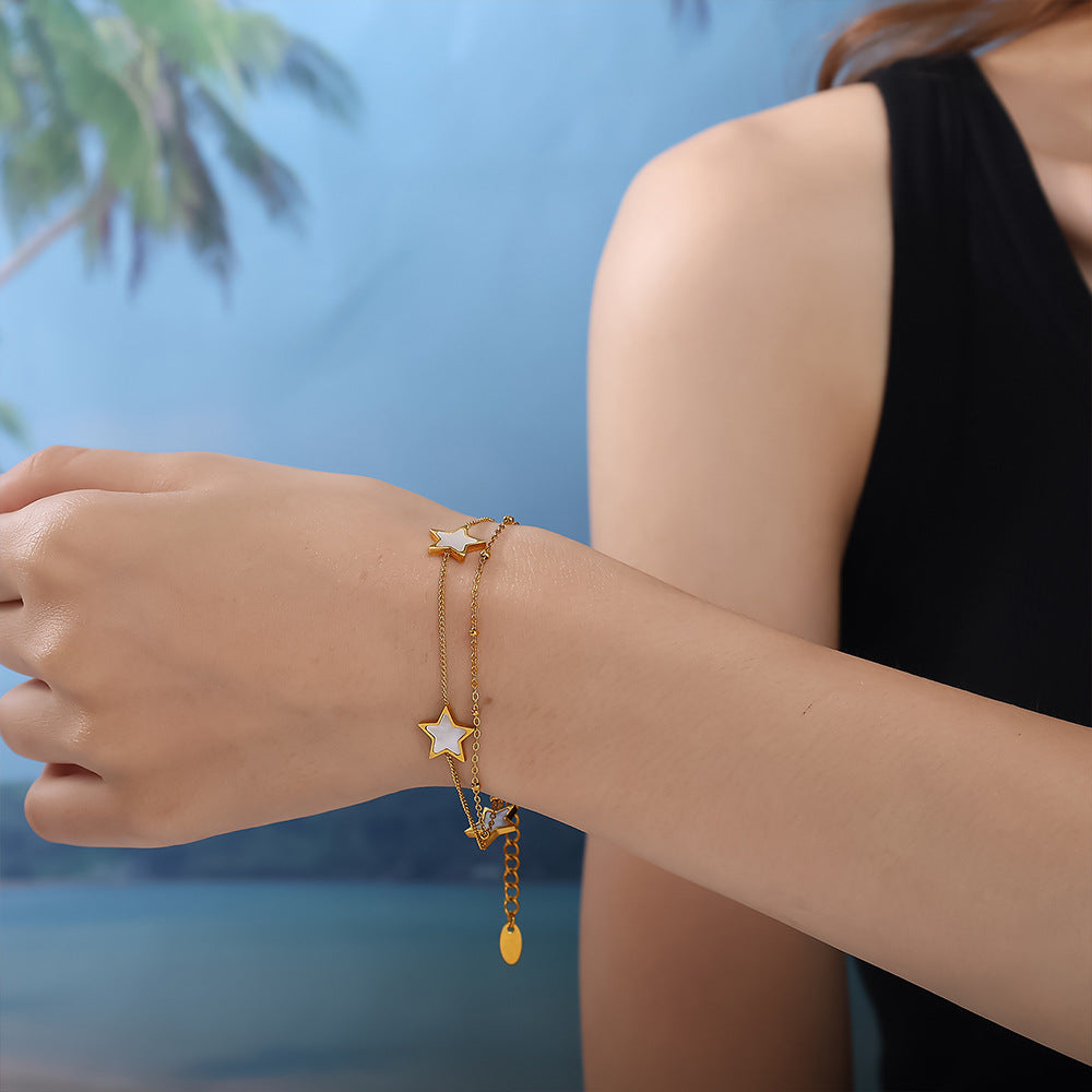 New European & American Style Sweet Double Layer Star Bracelet, 18K Gold Plated Stainless Steel, Minimalist Light Luxury Bracelet For Women