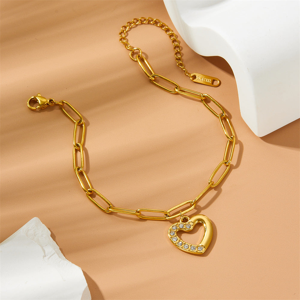 Titanium Steel Non-Fading Diamond-Encrusted Simple Heart-Shaped Bracelet For Women