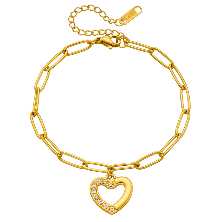 Titanium Steel Non-Fading Diamond-Encrusted Simple Heart-Shaped Bracelet For Women