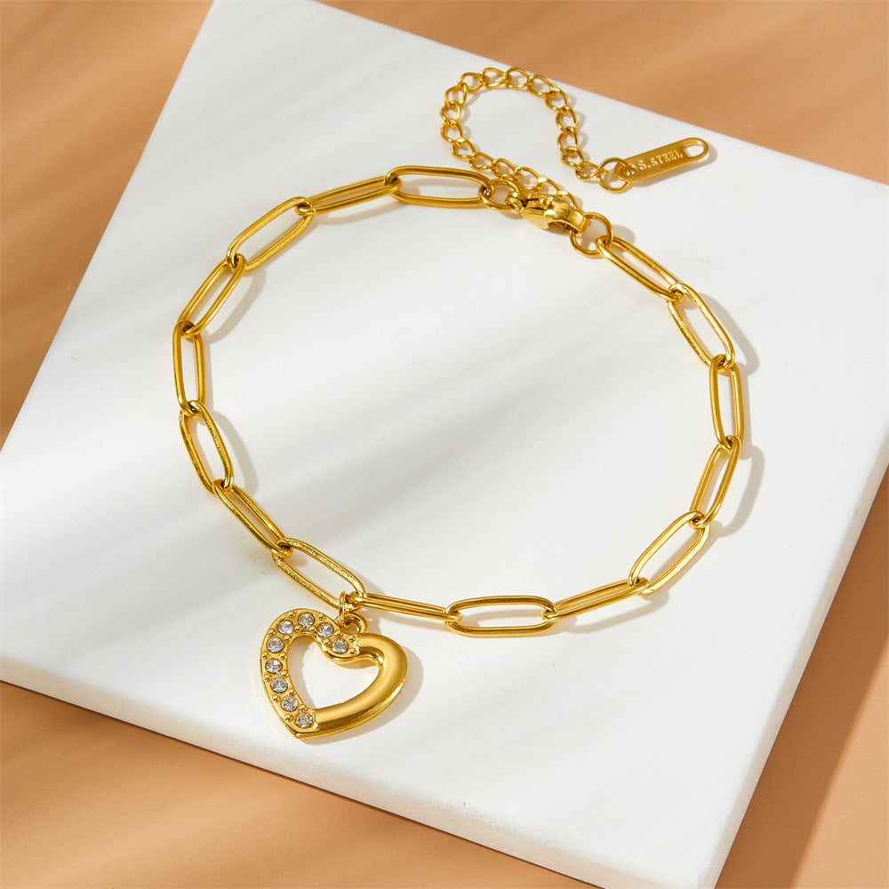 Titanium Steel Non-Fading Diamond-Encrusted Simple Heart-Shaped Bracelet For Women