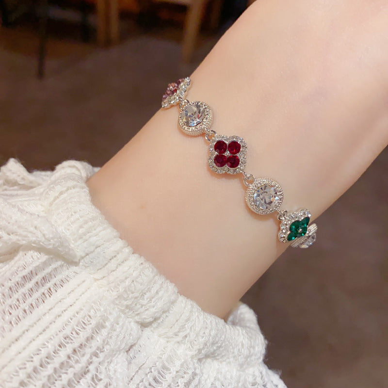 Personalized Fashionable Colorful Zircon Four-Leaf Clover Circle Bracelet