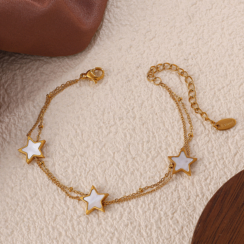 New European & American Style Sweet Double Layer Star Bracelet, 18K Gold Plated Stainless Steel, Minimalist Light Luxury Bracelet For Women