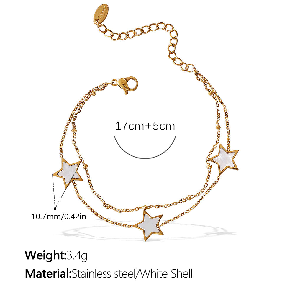 New European & American Style Sweet Double Layer Star Bracelet, 18K Gold Plated Stainless Steel, Minimalist Light Luxury Bracelet For Women