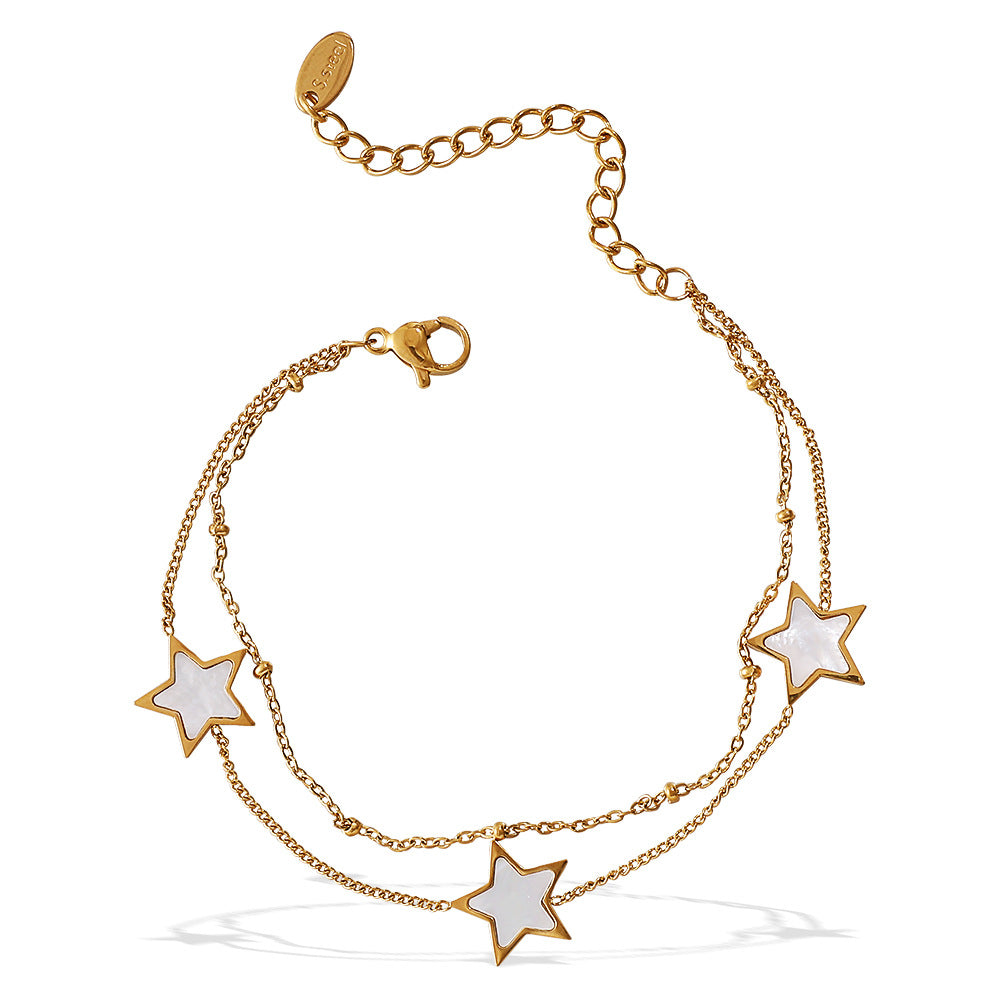 New European & American Style Sweet Double Layer Star Bracelet, 18K Gold Plated Stainless Steel, Minimalist Light Luxury Bracelet For Women